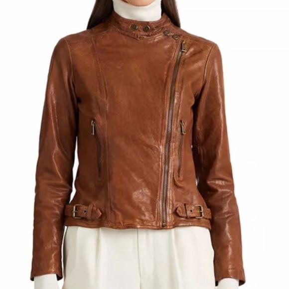 Lauren Ralph Lauren Burnished Leather Moto Bomber Jacket Dark Walnut